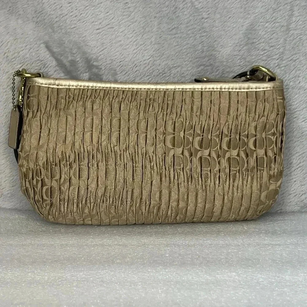 COACH Signature Madison Gold Gathered Pleated Leather‎ Strap Handbag Wristlet - Picture 2 of 13